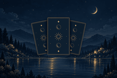 塔罗手记封面：午夜湖畔与三张金色几何牌背